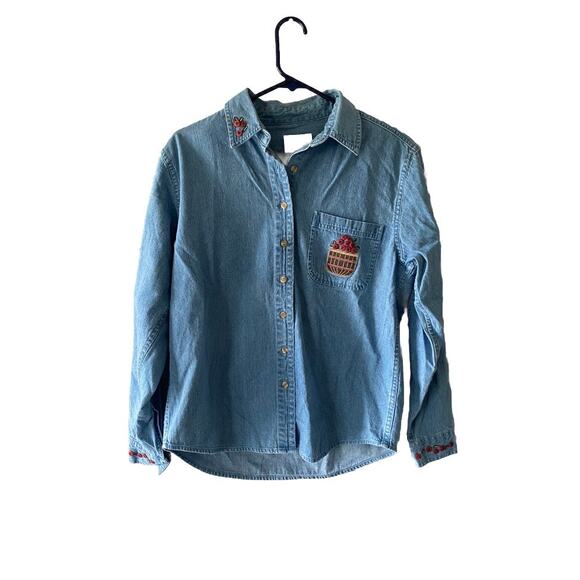 Christopher and Banks Denim Button Down Embroidered Apples in a Basket Shirt - Picture 1 of 7